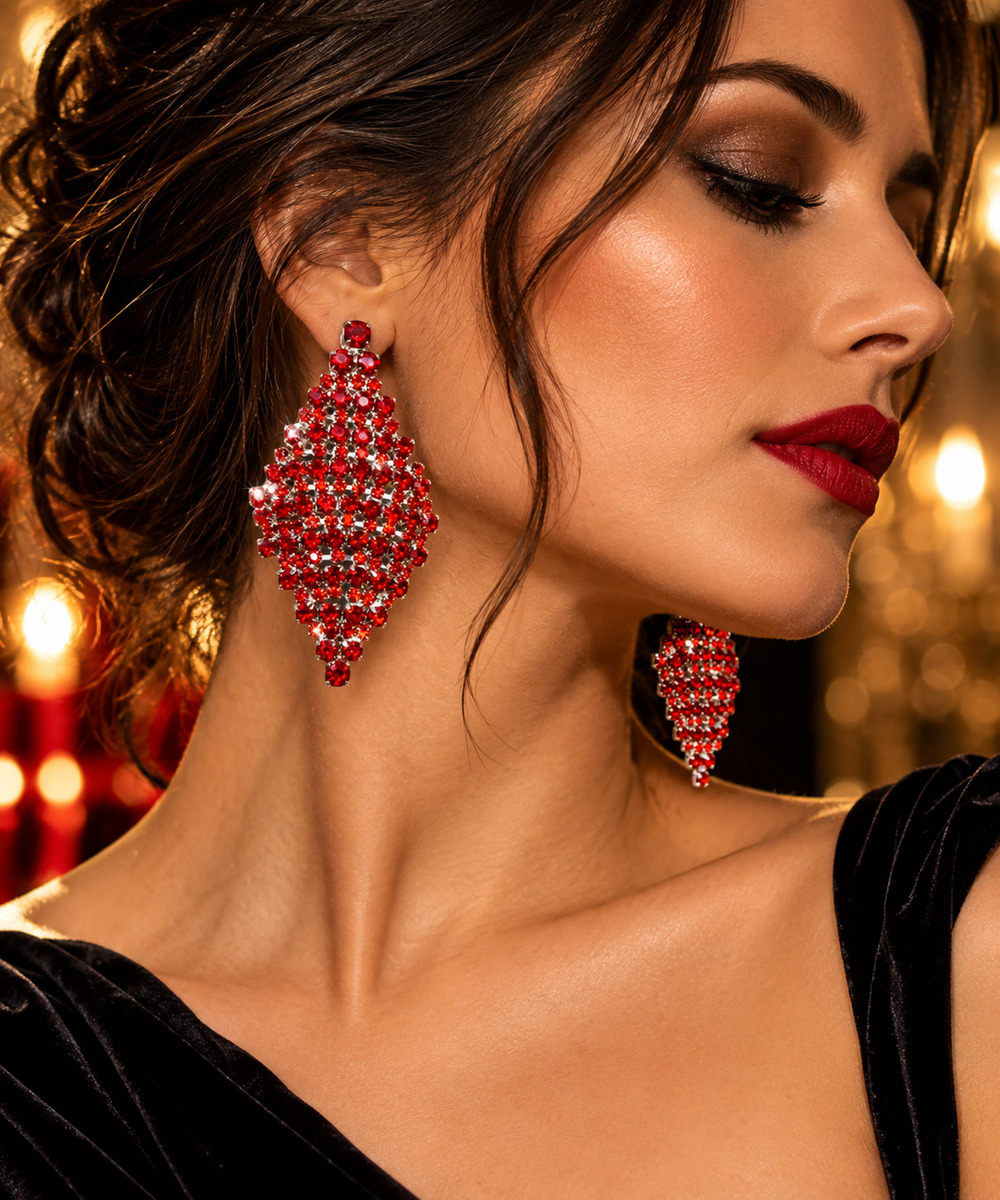 Red Rhinestone Chandelier Earrings 2.25" Pierced Statement Dangle Silver Tone